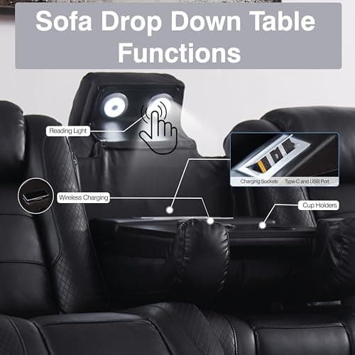 THSUPER Black Leather Power Recliner Sofa Loveseat Sets with Arm Storage and Power Headrest, Leather Living Room Reclining Sofa and Loveseat Set with Cup Holders and Bluetooth Speaker. | Breathable material, LED ambient light, Reading light, Hidden outlet, USB and Type-C port