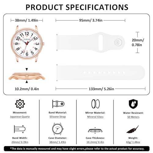 TKIIOER Nurse Watch for Nurse Medical Professionals Students Women Men, 50M Waterproof 12/24 Hour Military Time Luminous Easy Read Dial, Second Hand Watch for Nursing