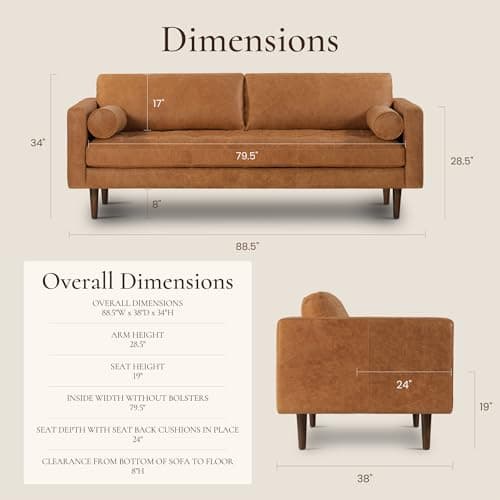 POLY & BARK Napa 88.5" Leather Sofa – Full-Grain Italian-Tanned Aniline Leather, Feather-Down Comfort, Solid Wood Frame, Walnut Legs, Cognac Tan