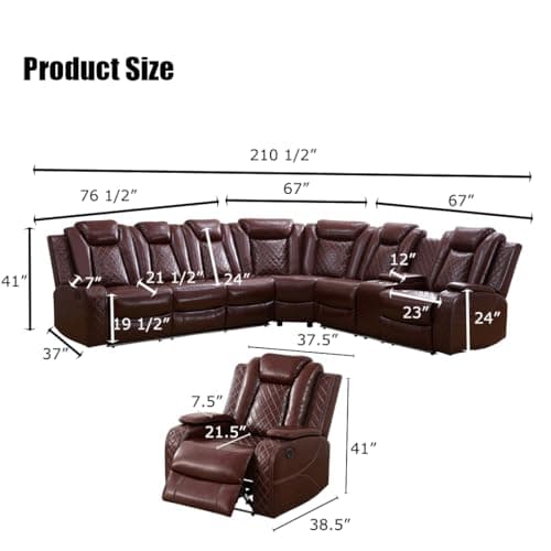 Toseslo Power Reclining Sectional Sofa Set with LED Light,Leather Sectional Couches, Living Room Furniture Sets, Modern Power Recliner Sofa Sets with Cup Holder for Living Room(Brown)