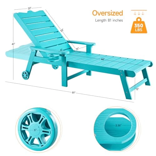 ONBRILL Patio Chaise Lounge Set of 2, Outdoor Lounge Chairs with 5-Level Adjustable Backrest, CupHolder, No Fade, No Break, 350lbs Capacity, HDPS Material, Blue