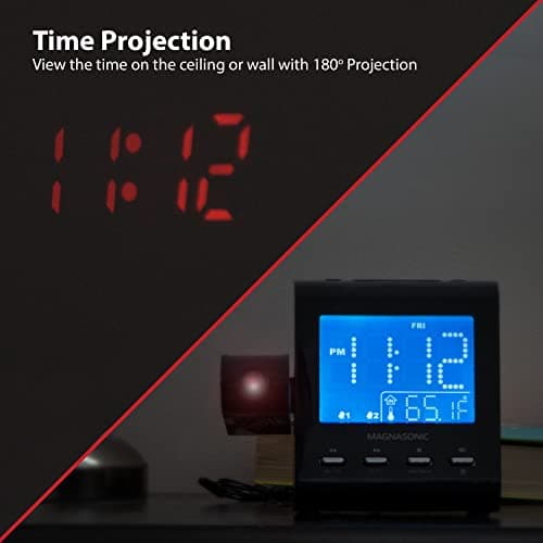 Magnasonic Projection Alarm Clock with AM/FM Radio, Battery Backup, Auto Time Set, Dual Alarm, Nap/Sleep Timer, Indoor Temperature/Date Display with Dimming & 3.5mm Audio Input - Black (EAAC601)