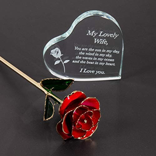 Anniversary for Wife Engraved Wooden Gift Set 'To My Beautiful Wife' Includes Crystal Engraved Heart 24K Gold Dipped Rose for Birthday Gifts