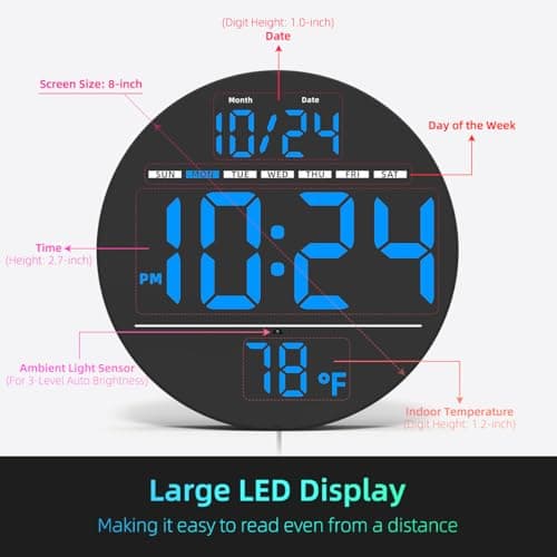 Digital Wall Clock with Large LED Display, Date, Temperature, Auto-Brightness | Small [PLUG-IN] Clock | Modern Electric Wall Clock for Bedroom, Classroom, Living Room, Home, Office, Farmhouse - Blue