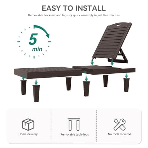 YITAHOME Outdoor Chaise Lounge Chair, Plastic Pool Chaise Lounge with 5-Position Backrest, Easy Assembly & Waterproof for Patio & Poolside, Set of 2, Brown
