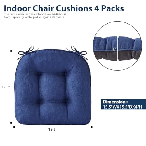 IASEAHK Chair Cushions for Dining Chairs, Seat Cushions for Kitchen Chairs, Indoor Seat Cushions with Ties, Tufted Foam Chair Pads, Non Slip Chair Cushions Set of 4, 15.5" x 15.5" x 4", Navy Blue