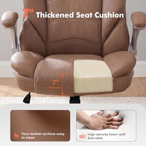 GYI Big and Tall Office Chair 400lb Wide Seat, Ergonomic High Back Leather Executive Desk Chair with Flip-up Arms, Brown