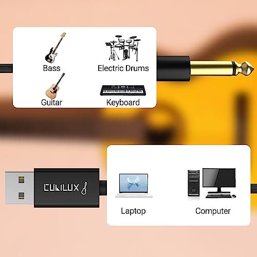 Cubilux Guitar to USB A Cable, USB to 6.35mm (1/4') TS Mono Line-in Cord for Bass/Electronic Piano/Drums, Instrument to Laptop PC, 6 FT