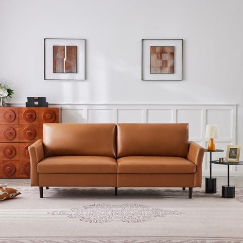 Kingfun Faux Leather 3 Seat Couch for Living Room, Mid Century Modern Sofa with Rolled Arms and Deep Seats, Fluffy Comfort for Apartment, Easy to Assemble, Chestnut