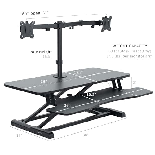 VIVO Height Adjustable 36 inch Standing Desk Converter with Dual 13 to 30 inch Monitor Stand, Sit Stand Monitor Mount and Desk Riser, Black, DESK-V036K-M2