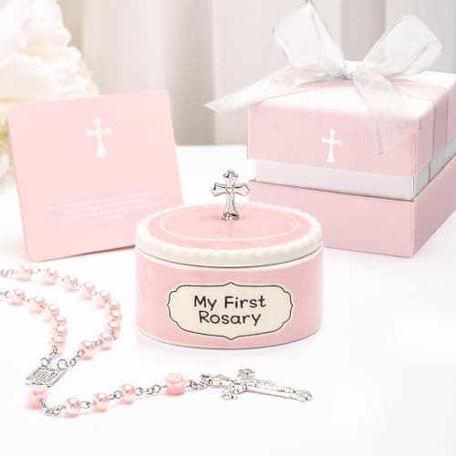Baptism Gifts for Girl - My First Rosary with Ceramic Keepsake Box, Catholic Christening Gift Set, Pink Rosary for Kids, Baptism, First Communion & Baby Dedication Gifts for Newborn Baby Girls B0FP1QPHFJ