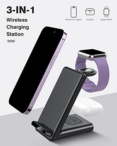 Wireless Charging Station,3 in 1 Charging Stand Made for Apple Watch Ultra 11 10 9 8 7 6 SE 5 4 3,Fast Wireless Charger Made for iPhone 17/Air/16/15/14/13/12,for AirPods Pro(with Adapter) (Black)