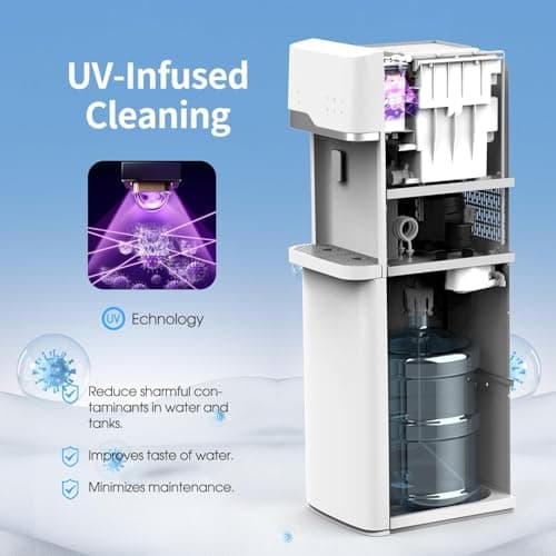 IKT 4-in-1 Hot/Cold Water Cooler with Ice Maker, 5 Gal, Bottom Load, Bullet Ice 22lbs Per Day Innovative Slim & Sleek Design for Home or Office White