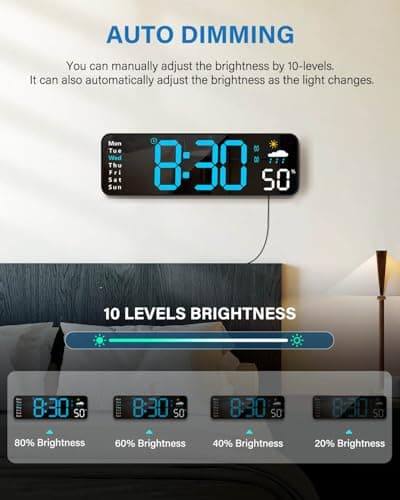 Digital Wall Clock, Digital Clock Large Display with Remote Control, Corded LED Alarm Clocks with Date, Week, Temp, Humidity, Auto DST, Countdown, for Living Room Bedroom Classroom Office (Blue)