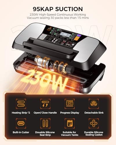 95KPA Commercial Vacuum Sealer Machine, Fully Automatic Food Sealer with Built-in Cutter for Sous Vide, Meal Prep - Includes 10 Pre-Cut Bags, Bag Rolls, Hose & Starter Kit Black Silver