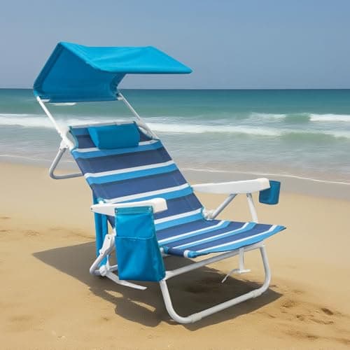 2 Pack Beach Chair with Canopy Shade, 5 Positions Lay Flat Textilene Reclining Beach Chair with Backpack Straps, Cooler Bag & Cup Holder for Outdoor Lawn Camping