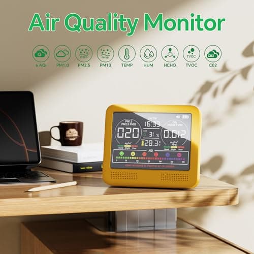16-in-1 Indoor Air Quality Monitor with PM1.0,PM2.5,PM10,CO2,HCHO,TVOC,Temperature,Humidity,Time Display &7 AQI Alarms – Professional Air Quality Tester for Home, Office & Indoor Use