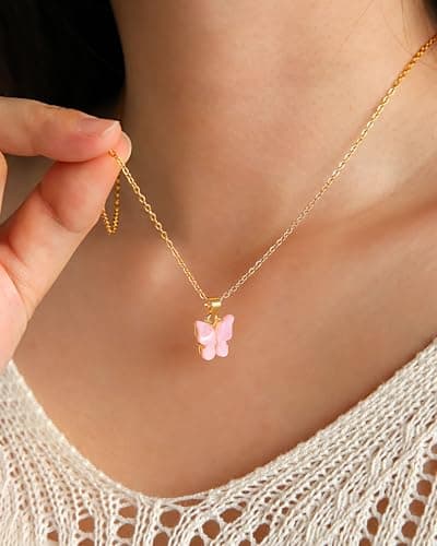 UNGENT THEM Pink Butterfly Necklace-Birthday Gifts for 5-11 Year Old Girl B0DZ6LL4Z9