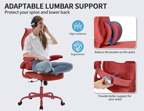TRALT Ergonomic Office Chair - Desk Chair with Wave High Back Adjustable Lumbar Support Computer Chair - Gaming Chairs Mesh Backrest and PU Leather Seat (RED)