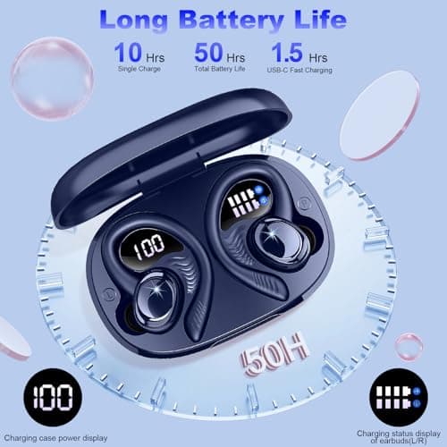Hupoaf Wireless Earbuds Sport, New Bluetooth 5.4 Headphones with Earhooks, 50H Stereo Deep Bass Over Ear Buds with 4 ENC Noise Canceling Mics, IP7 Waterproof Earphones for Running Workout Gym -Blue