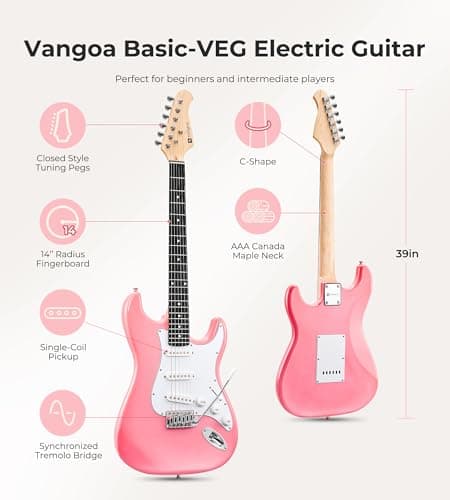 Vangoa 39 Inch Full Size Electric Guitar Beginner Kit Solid Body SSS Pickups with Amp, Bag, Tremolo Bar, Strings, Tuner, Picks, Strap, Capo, Cable for Starter Girls Adults Teens, Petal Pink