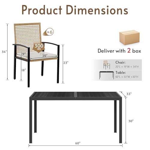 7-Piece Outdoor Dining Set for 6, Patio Dining Set with Hand-Woven Wicker Chairs & Cushions, 60" x 33" x 30" Wider Aluminum Woodgrain Table for Deck, Garden, Backyard