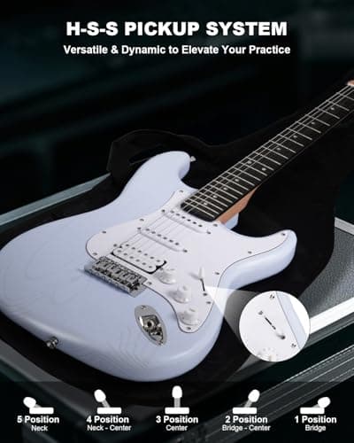 RVONE RST-150 39”Beginner Electric Guitar Kit with Amplifier, Classic HSS Pickup, Electric Guitar with Gig Bag, Capo, Strap, Extra Strings, Digital Tuner, 3 Picks, Cleaning Cloths (1-Blue)