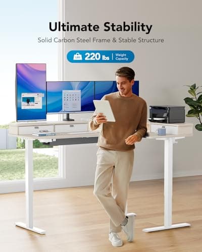 HUANUO 65″ L-Shaped Standing Desk with Power Outlets & LED Strip, Electric Height Adjustable Corner Computer Desk, Sit Stand Up Desk with 3 Drawers, Natural Wood