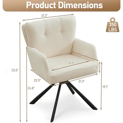 WUTUTUEE Fabric Dining Chair Modern Upholstered Swivel Dining Room Chairs Comfy Accent Armchair with Mid Back, Desk Arm Chair No Wheels for Kitchen/Living Room/Home Office, White