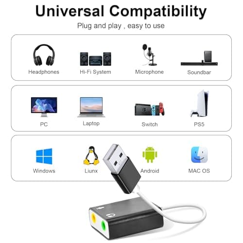 QAJOPFN USB Audio Adapter, External Sound Card for PC and Laptop，USB Microphone Adapter to 3.5mm(1/8 inch) for Headphone, Speaker and Microphone Jack, Plug and Play