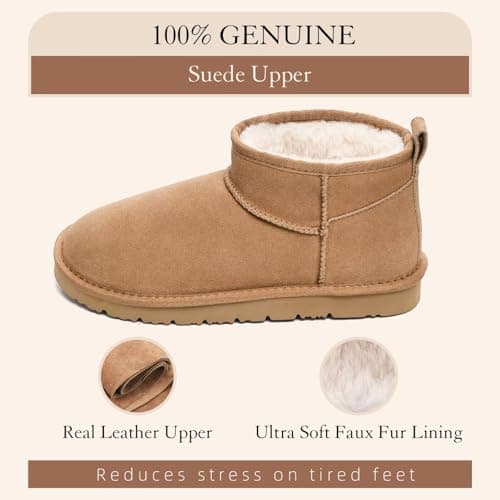 OOW 100% Genuine Suede Ankle Low Boots for Women Short Winter Snow Boot with Cozy Fur Lined