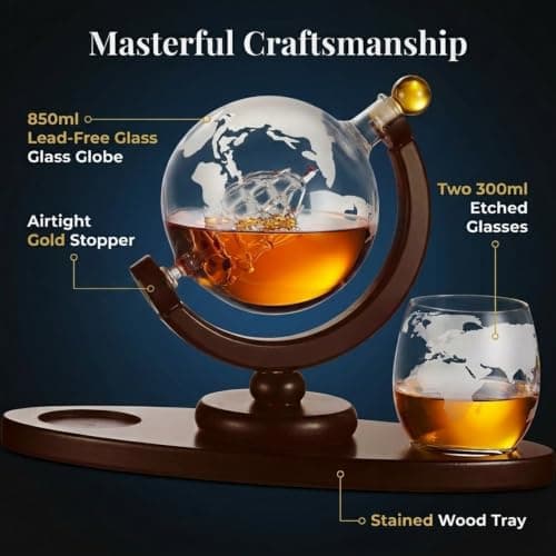 Gifts for Men, Whiskey Decanter Globe Set with 2 Etched Whiskey Glasses - for Liquor Scotch Bourbon Vodka, Gifts For Dad - 850ml