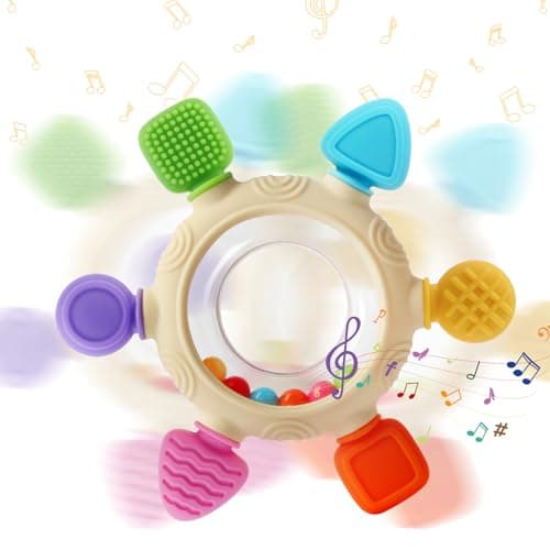 VTECHOLOGY Baby Teething Rings Toys for 0-6 6-12 Months Baby Rattle Teether Sensory Toys for Babies 0-24Months Silicone Teether Relief Chew Soothing Sore Gums for Newborn Infant Essentials BPA Free
