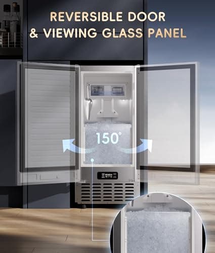ecozy Under Counter Nugget Ice Maker Machine, Bulit-in & Freestanding, Horizontal Handle, Reversible Door, 66 Lbs/Day, Thickened Viewing Glass Window, Self-Cleaning & 24H Timer, Stainless Steel