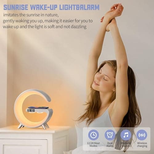 Smart LED Table Bedside Lamp with Bluetooth Speaker & App Control, 15W Fast Wireless Charging Station Dock, Sunrise Alarm Clock, Cool Night Light, for Bedroom, Home Decor, Birthday, Christmas Gifts