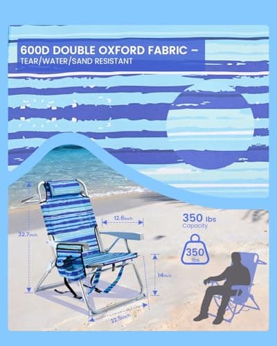 GVDV Backpack Beach Chairs for Adults 2 Pack, Portable Lay Flat Folding Chair with Cup Holder and Towel Bars, 4-Position Adjustable Reclining Chair for Beach, Camp, Outdoor, Blue Ocean