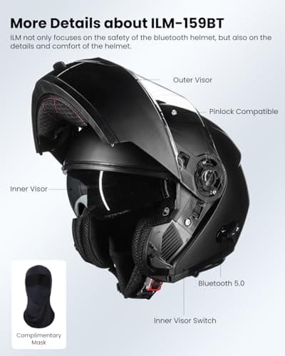 ILM 159BT Bluetooth Modular Motorcycle Helmet 2-3 Riders Intercom Full Face Flip up Casco DOT with Face Mask (MatteBlack, L)