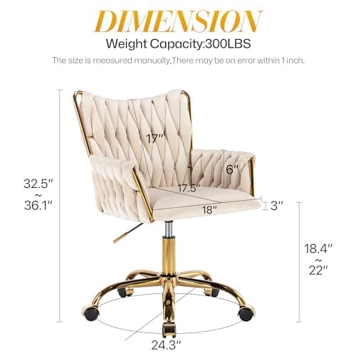 KCC Modern Velvet Home Office Desk Chair with Hand Woven Backrest, Upholstered Adjustable Makeup Vanity Chair with Armrest and Golden Metal Base with Wheels for Living Room Bedroom Study(Beige)