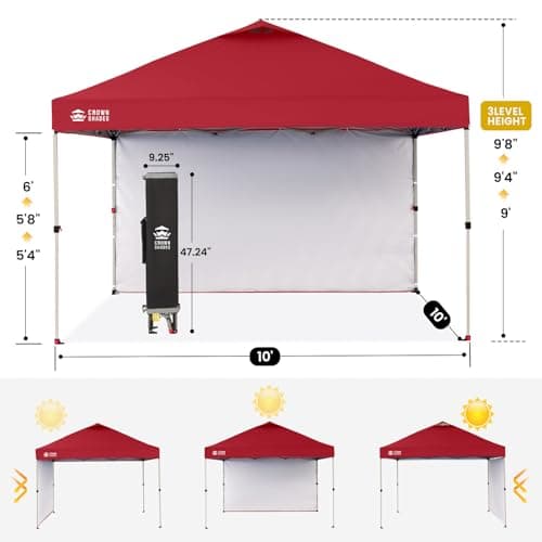 CROWN SHADES 10x10 Pop Up Canopy with 1 Side Wall - Beach Tent with One Push Setup - Outdoor Sun Shade for Events, Parties, Camping - Gazebo with STO-N-Go Cover Bag (Red)