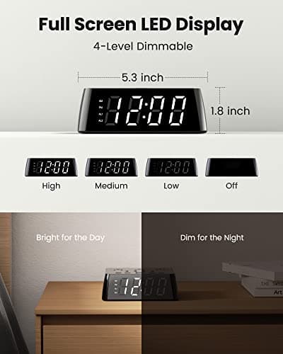 JACKYLED Alarm Clock with 4 USB Chargers Power Strip 3 Outlets 1700J Surge Protector Nightstand Dimmable Digital Clock with Dual Alarm and Snooze Function for Bedroom, Full Screen LED Display