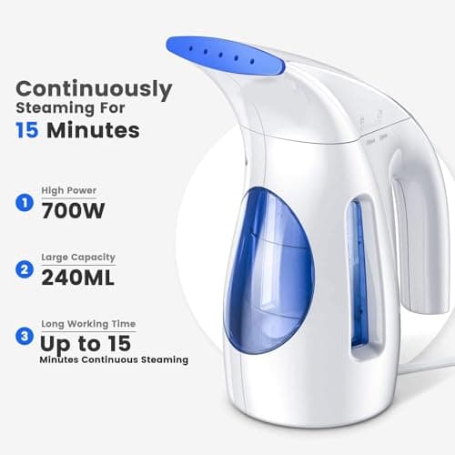 HiLIFE Steamer for Clothes, Portable Handheld Clothing Steamer, 240ml Big Capacity, 700W, Strong Power, Fabric Quick Wrinkle Remover for Home, Office, Travel (ONLY FOR 120V)-Blue