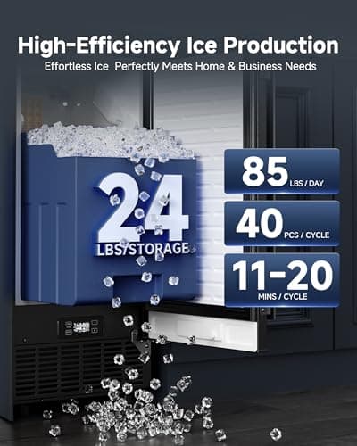 Commercial Under Counter Ice Maker with Drain Pump, Produces 85Lbs Daily Output, 24Lbs Storage Capacity, Self-Cleaning, 24H Timer, Built-in Freestanding Design, Ice Machine for Home, Bar, Cafe