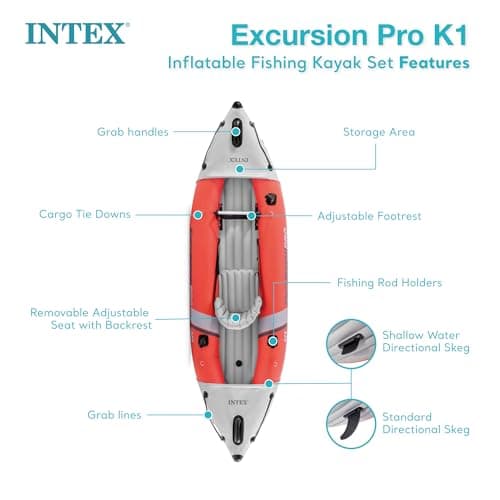 INTEX 68303EP Excursion Pro K1 Inflatable Kayak Set: Includes Deluxe 86in Kayak Paddles and High-Output Pump – SuperTough PVC – Adjustable Bucket Seat – 1-Person – 220lb Weight Capacity