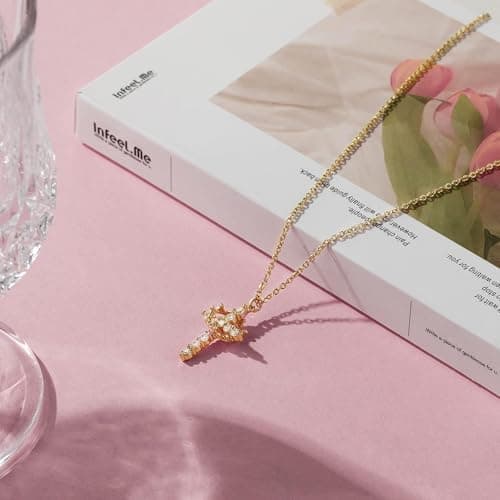 Upgraded Crown Cross Necklace for Women,14K Gold Plated & Silver Plated Crown Cross Pendant Necklace Diamond Cross Necklaces Faith Cross Jewelry First Communion Gifts, 12-Color Birthstone Necklaces for Women