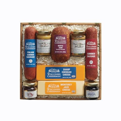 The Wisconsin Cheeseman Hostess Delight Gift Basket with Summer Sausage Meats and Cheeses – Charcuterie Boards for Holiday or Thank You Gifts for Adults, Women, and Men