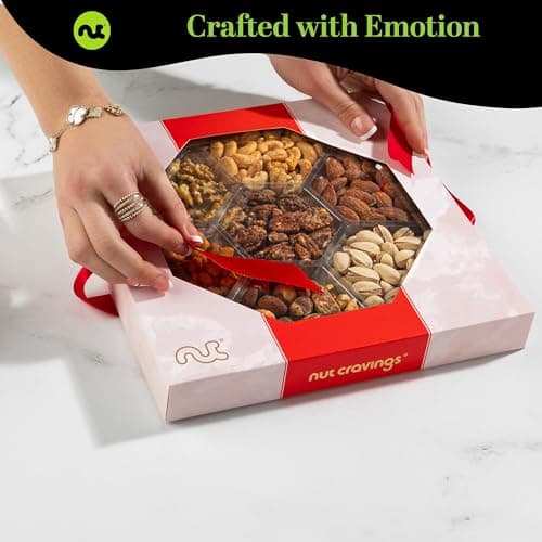 NUT CRAVINGS - Diwali Mixed Nuts Gift Basket in Red Gold Box (7 Assortments, 1 LB) Food Arrangement, Healthy Snack Care Package, Food Assortments
