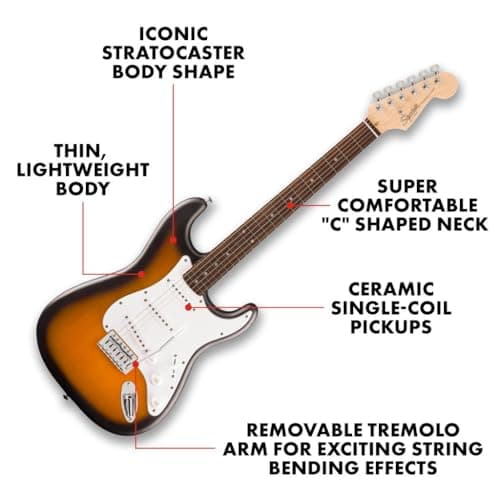 Fender Squier Debut Series Stratocaster Electric Guitar, Beginner Guitar, with 2-Year Warranty, Includes Free Lessons, 2-Color Sunburst with Matte Finish