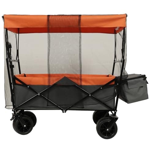 480Lbs Collapsible Wagon with Canopy Steel Orange Large Capacity Mosquito Net Camping Shopping Sports Garden Outdoor-Ready