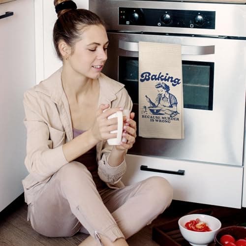Funny Retro Baking Kitchen Towels, Baker Gifts for Women, Baking Because Murder is Wrong Decorative Hand Tea & Dish Towels for Bakery Kitchen, 16x24 Inch B0FSXQPHYH