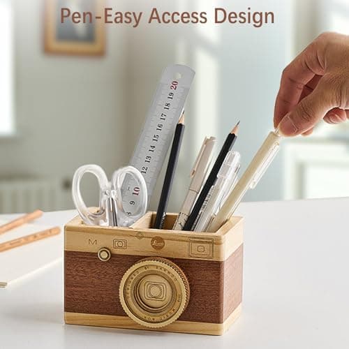 Vintage Wooden Camera Pencil Holder – Retro Desk Organizer for Pens & Stationery, Unique Photography Gift for Photographers, Creative Wooden Pen Holder for Office & Home Decor (Double slot) B0F4R7Z3M2